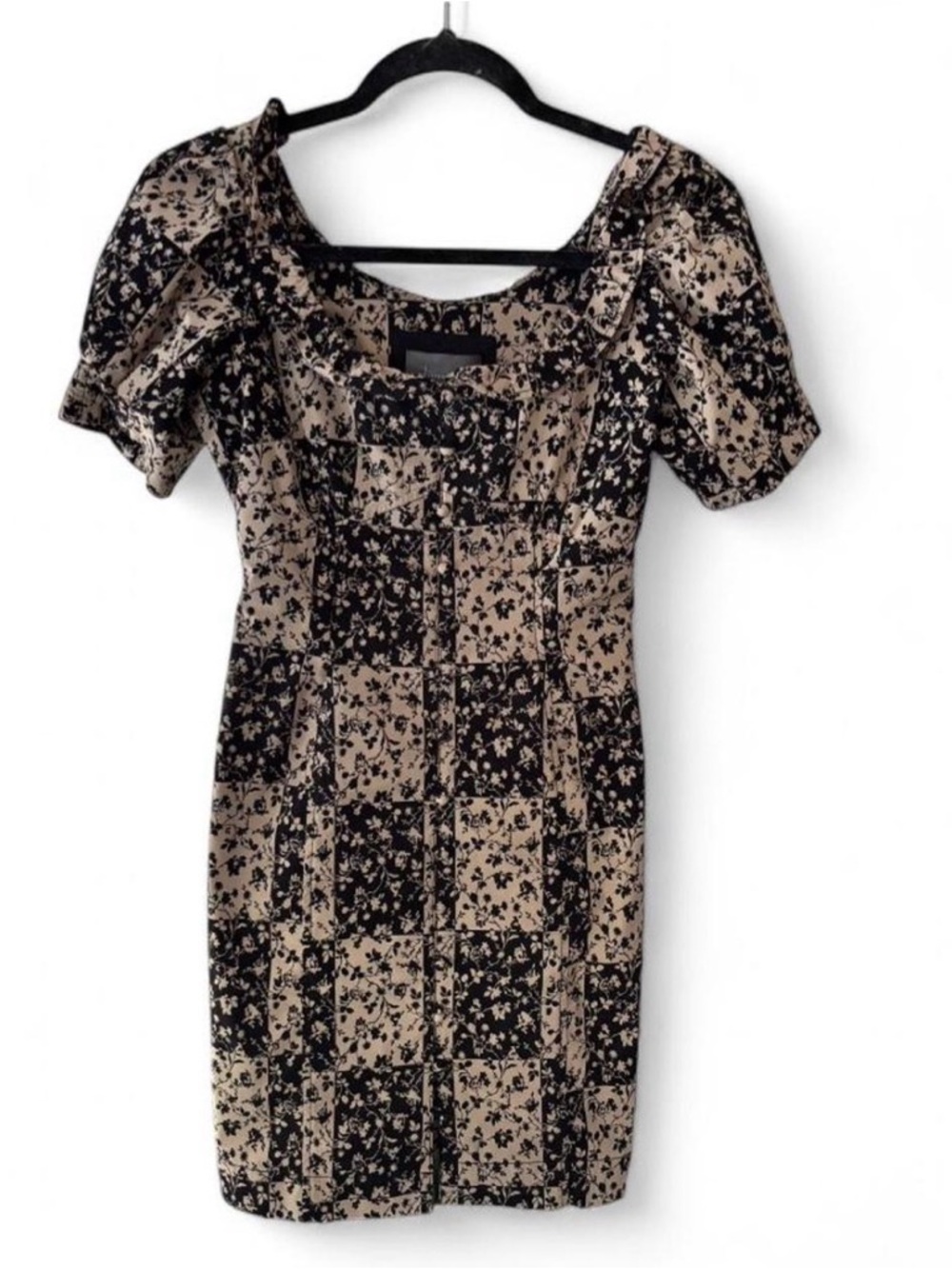 Anthropologie Black and Beige Patchwork Floral Mini Dress